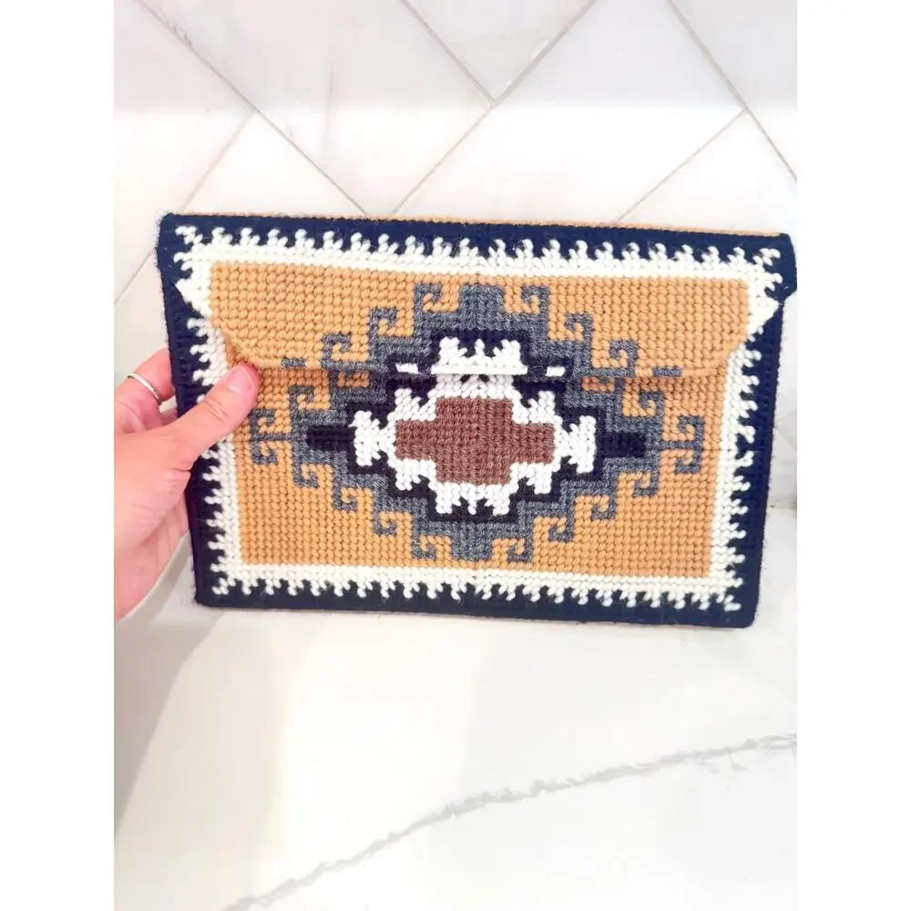 Vintage Hand Crocheted Southwestern Clutch Purse | Geometric Envelope Bag